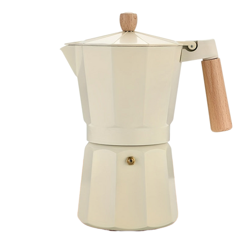 Cream aluminum moka pot espresso maker with wooden handle for brewing rich stovetop espresso at home.