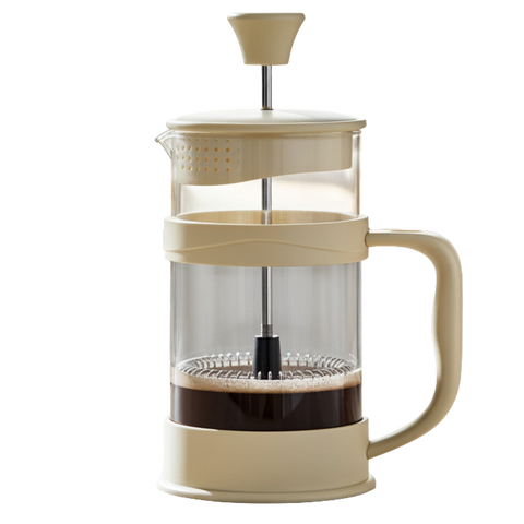 Cream glass French press coffee maker with stainless steel plunger for brewing rich, full-flavored coffee at home.