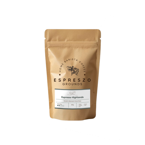 Espreszo Highlands 200g ground coffee with a smooth, balanced flavor profile and cocoa notes for everyday brewing.
