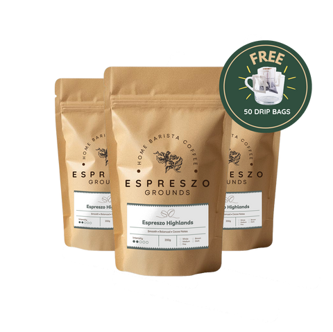 Espreszo Highlands coffee bundle with three 200g bags of freshly roasted ground coffee and free 50 coffee drip bags promotion.