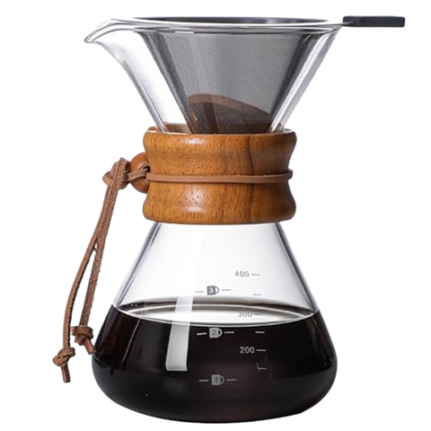 Glass pour over coffee maker with reusable stainless steel filter and wooden collar for smooth manual coffee brewing.