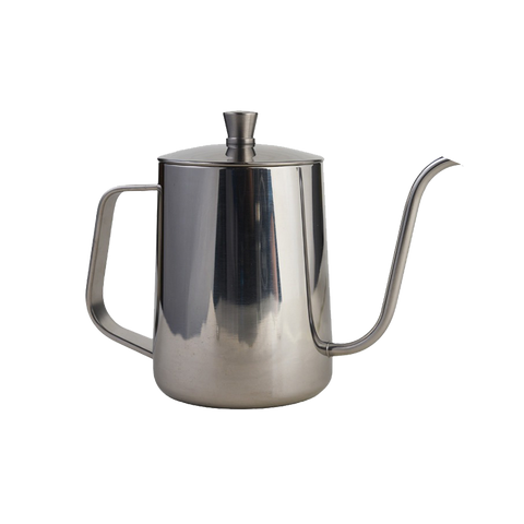 Stainless steel gooseneck coffee kettle designed for controlled pour over brewing and specialty coffee preparation.