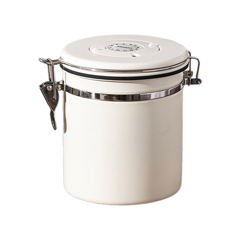 White airtight coffee storage canister with secure locking lid and freshness valve to keep coffee beans and grounds fresh longer.