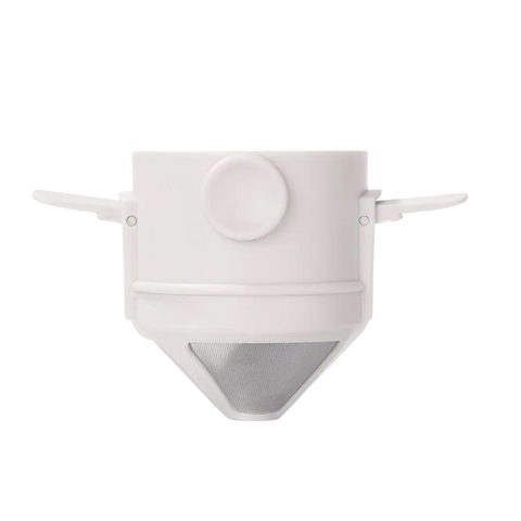 White reusable pour over coffee dripper with fine mesh stainless steel filter for eco-friendly manual coffee brewing.