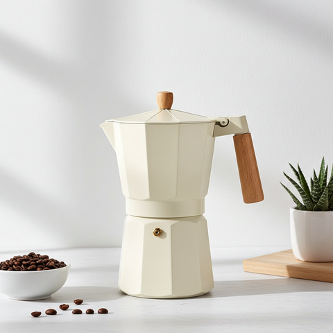 Cream stovetop moka pot espresso maker with wooden handle beside roasted coffee beans, ideal for authentic Italian-style coffee.