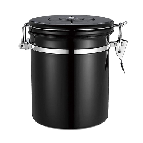 Matte black airtight coffee storage canister with locking lid and freshness valve for storing whole bean or ground coffee.