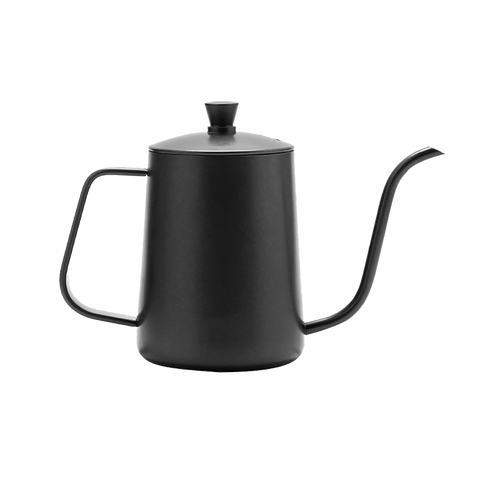 Matte black stainless steel gooseneck coffee kettle for precision pour over brewing with ergonomic handle and lid.
