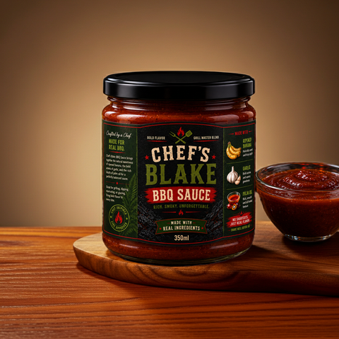 Chef's Blake BBQ Sauce 350ml displayed on a wooden board beside a bowl of barbecue sauce, highlighting its rich and smoky flavor.