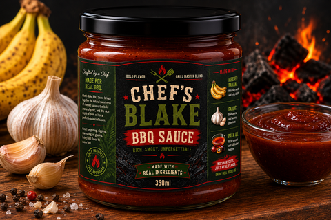 Chef's Blake BBQ Sauce 350ml surrounded by garlic, ripe bananas, peppercorns, and a bowl of sauce, featuring real ingredients for authentic smoky barbecue flavor.