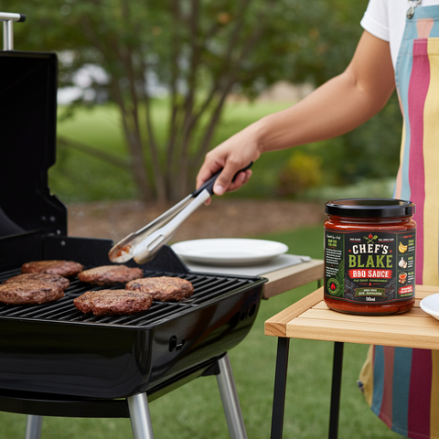 Chef's Blake BBQ Sauce beside a backyard grill with burgers, showcasing the perfect barbecue sauce for grilling, marinating, and dipping.