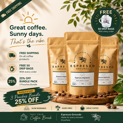 Espreszo Grounds coffee bundle featuring 3 premium coffee pouches, 25% discount, free shipping, and 50 free drip bags. Freshly roasted specialty coffee for home and office.