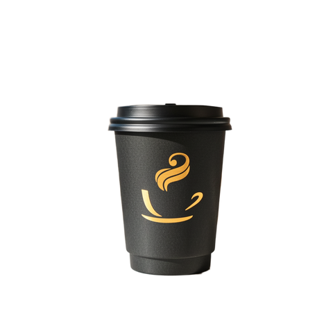 Black Espreszo takeaway coffee cup with gold logo on a café table, perfect for freshly brewed specialty coffee.