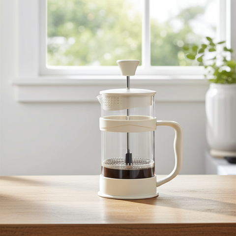 White French press coffee maker on a wooden table with a blurred window and plant in the background