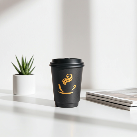 Black coffee cup with a yellow logo on a white surface with a plant and books in the background