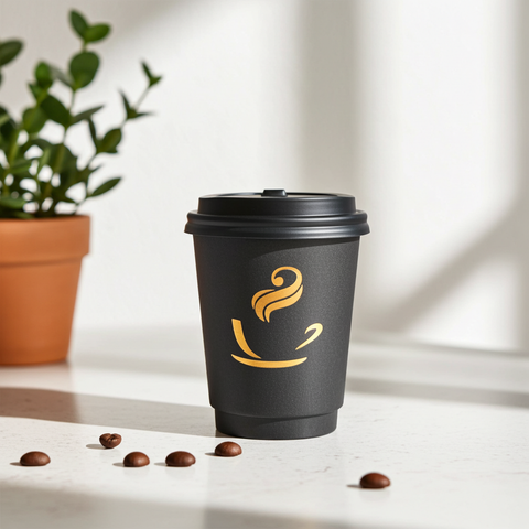 Black coffee cup with a yellow logo on a white surface with coffee beans and a plant in the background