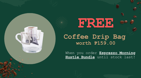Promotional graphic for a free coffee drip bag with a green background and coffee beans.