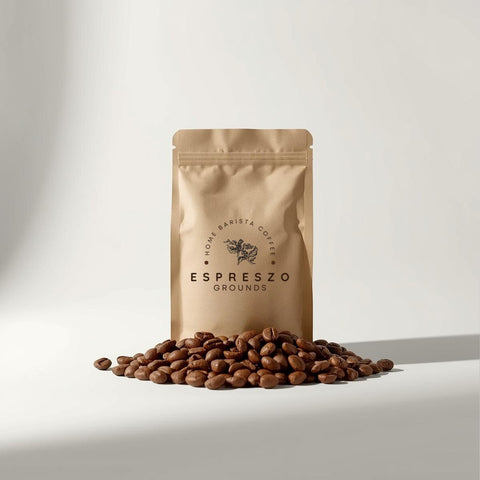 Espreszo coffee grounds packaging with coffee beans on a light background