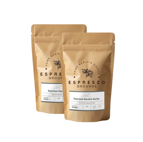 Two brown coffee bags labeled 'Esprezzo' on a white background