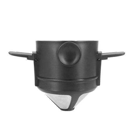 Reusable coffee drip with black color and stainless steel material, consisting of a base and a filter holder.