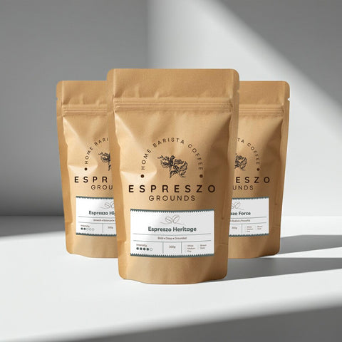 Three bags of Espreszo Coffee Grounds on a gradient gray background