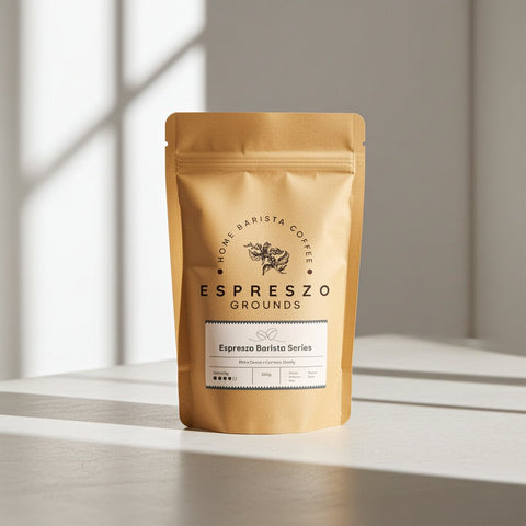 Espresszo coffee grounds package on a light surface with a neutral background